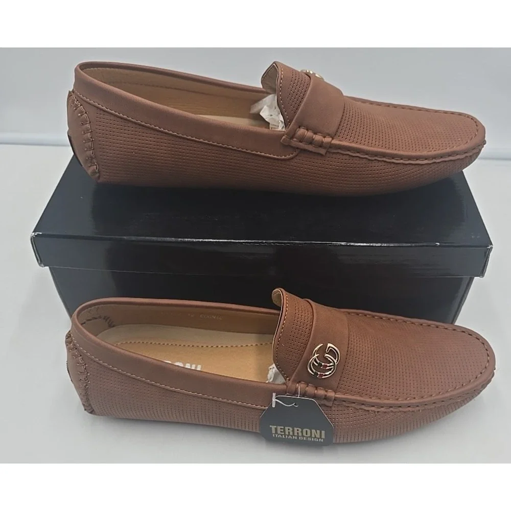 Terroni Leather Men's Cognac 12 Slip On Loafers Dress Shoe Holiday‎ Gift